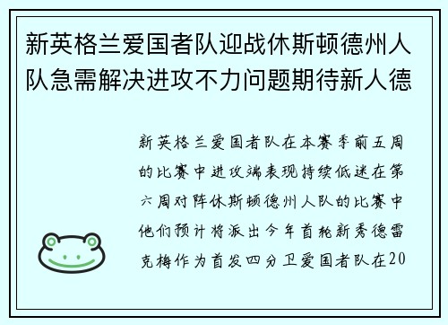 新英格兰爱国者队迎战休斯顿德州人队急需解决进攻不力问题期待新人德雷克·梅表现